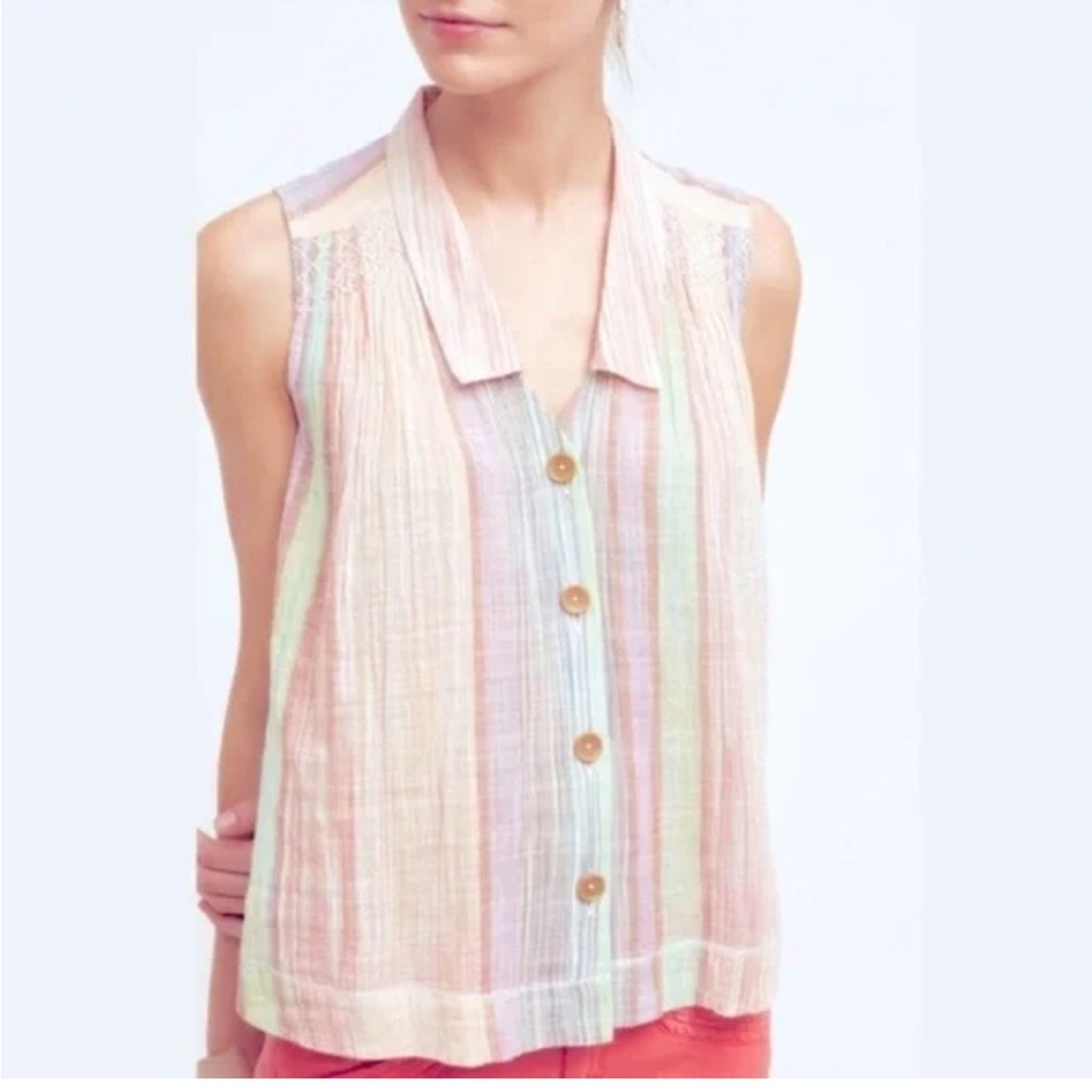 Holding Horses Anthropologie Colorful Cotton Button Front Sleeveless Blouse 2
